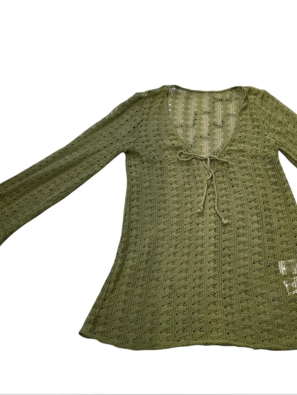 H&M Olive Green Knit Tie-Front V-Neck Sweater